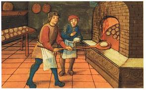 A medieval baker with his apprentice. The Bodleian Library, Oxford. Scanned from Maggie Black's "Den medeltida kokboken"